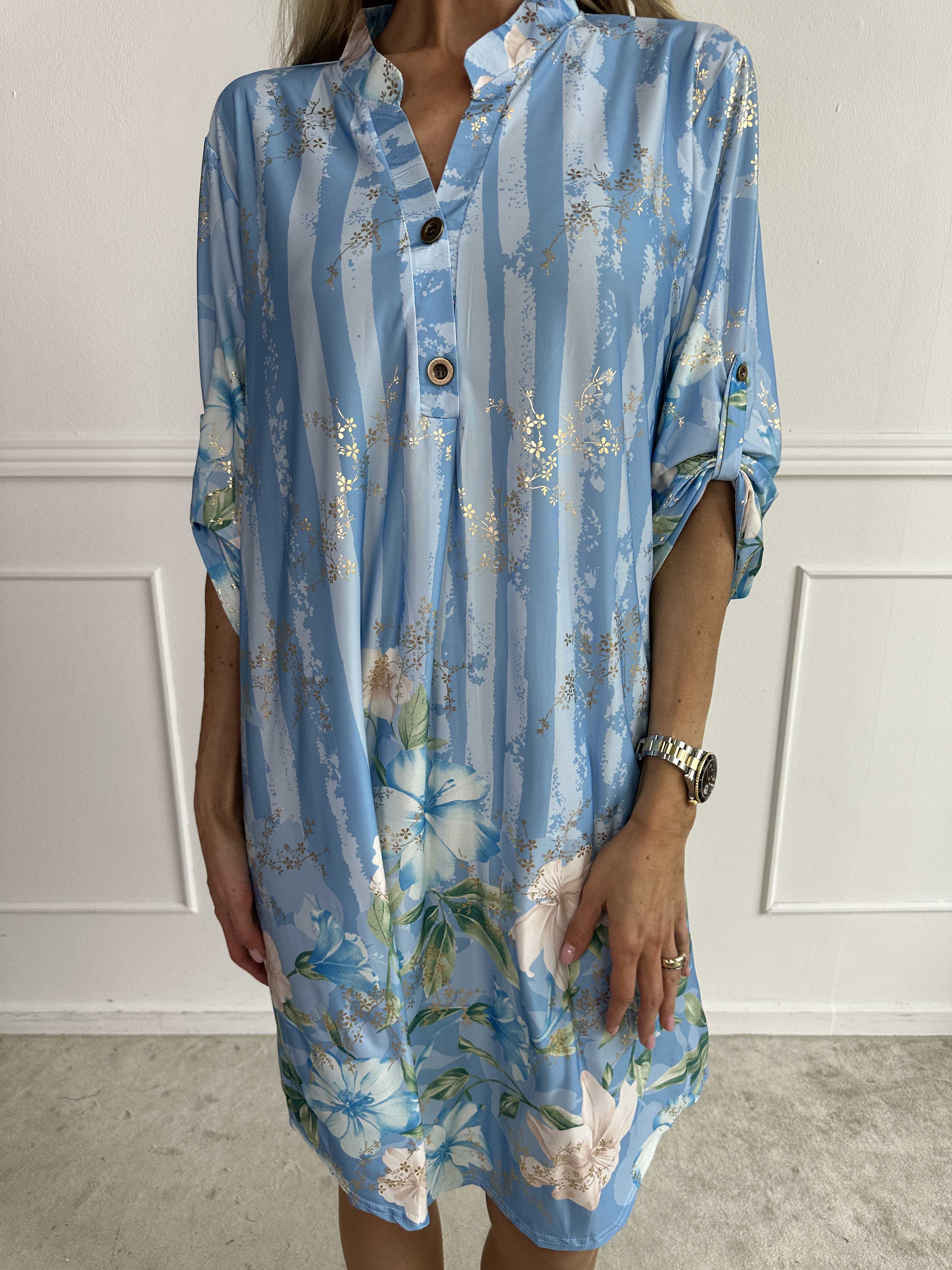 Ebba Floral Stripe Long - Elastisk blommig klänning med gulddetaljer